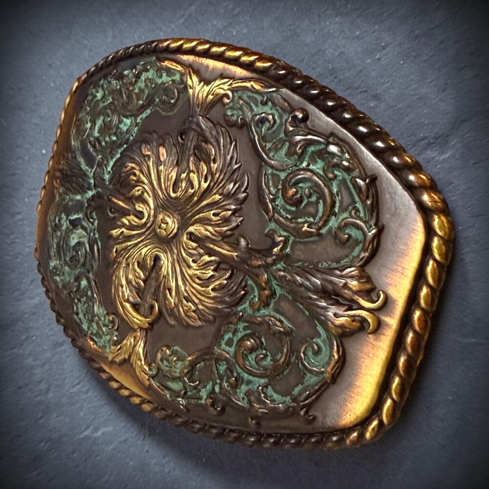 Vintage Floral Relief Belt Buckle Western Brass Patina Cowboy Cowgirl Country